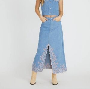 DRIFTWOOD Serena Denim Maxi Embroidery Skirt Blue Pink 27